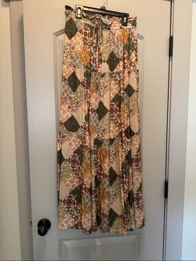 bohme small Patchwork Tiered Maxi Skirt in Green, Mustard, Rust, Cream
